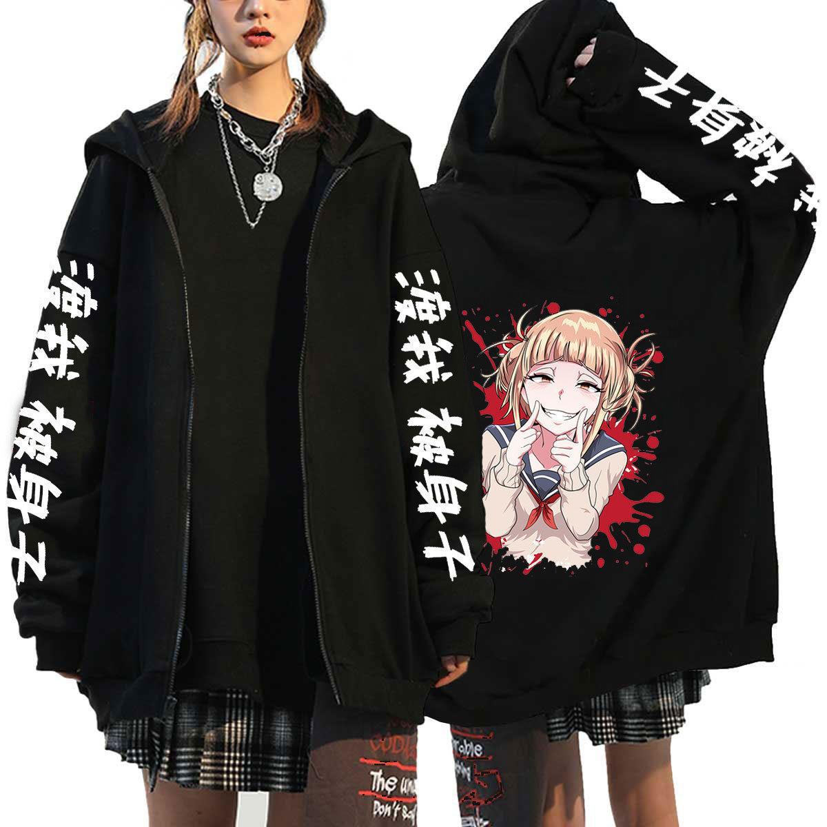 Unisex Anime Printed Zip Up Black Casual Hoodie