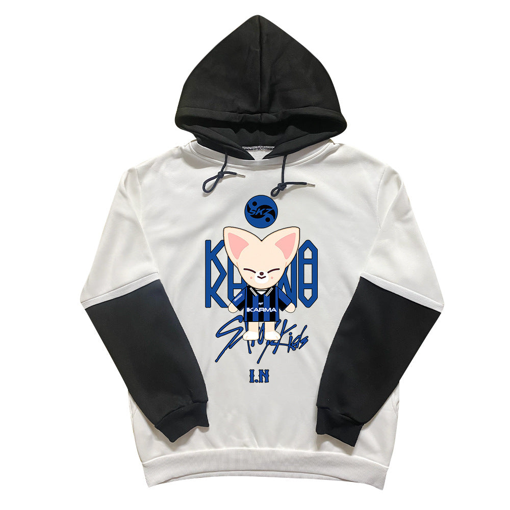 KPOP Cartoon Fleece Black and White Sleeves Hoodie