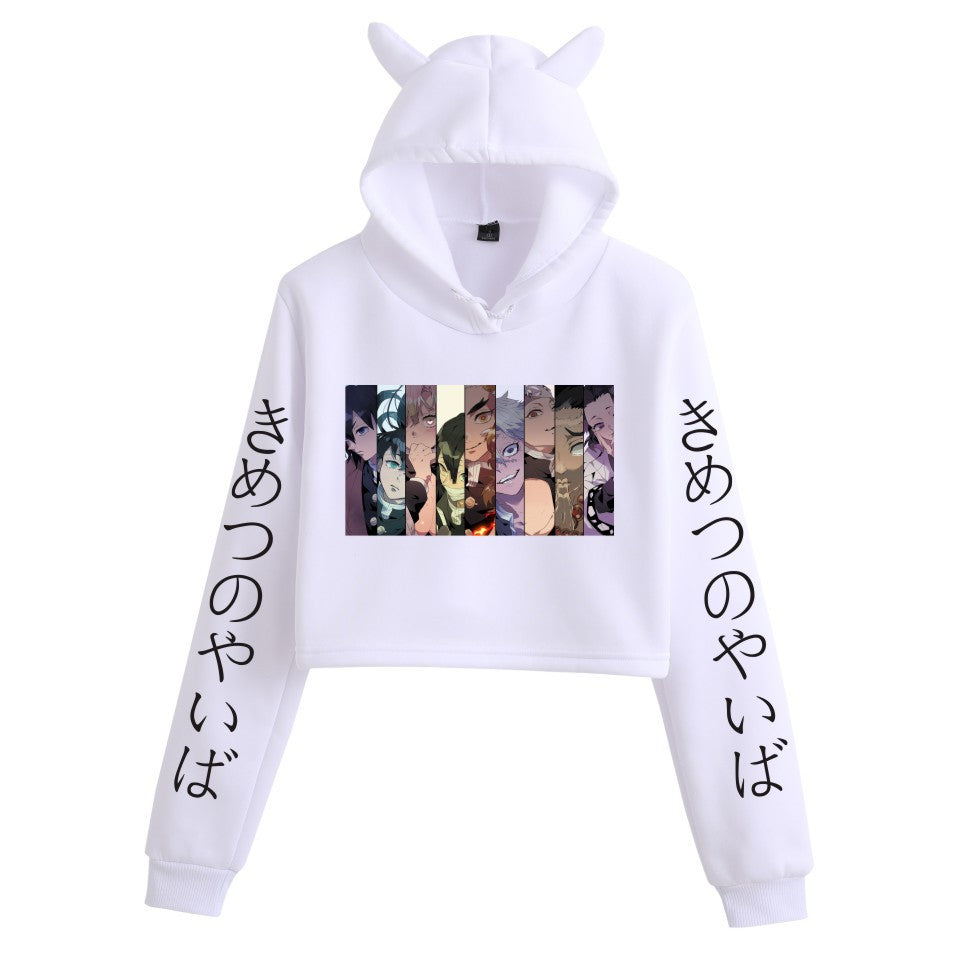 Girls Sexy Anime Print Cat Ears Cropped Hoodie