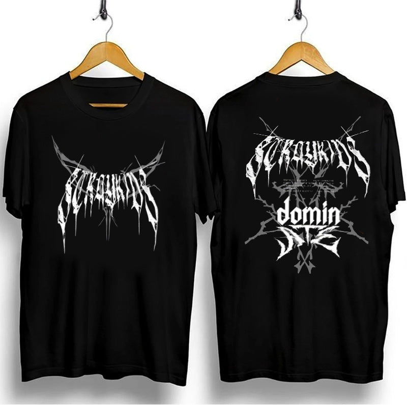 Unisex Kpop Logo Printed Stripe Loose T-shirt