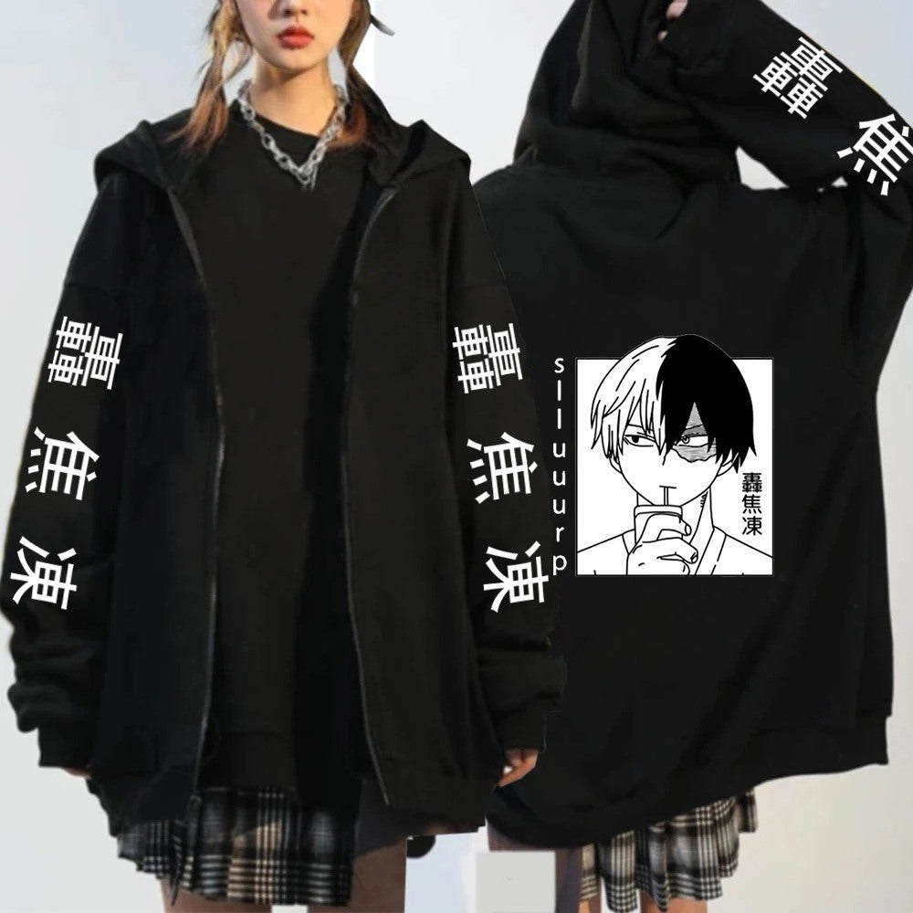 Unisex Anime Printed Zipper Black Pullover Hoodie