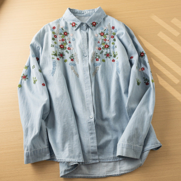 Women's Embroidery Washed Denim Long-sleeved Shirt