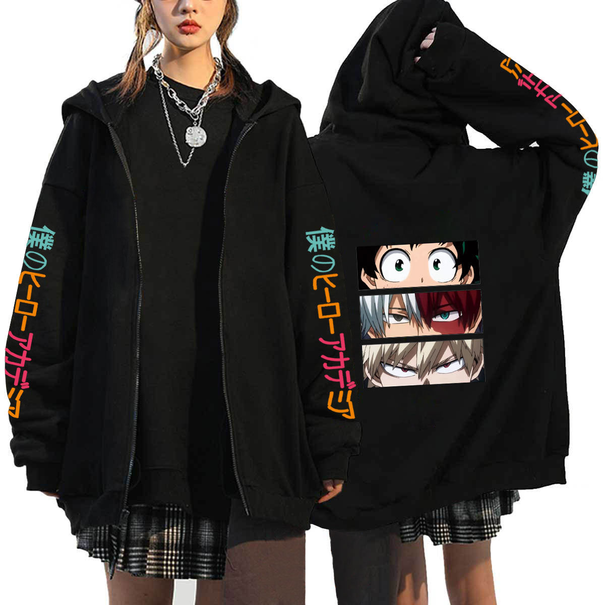 Unisex Trendy Anime Printed Black Zipper Hoodie