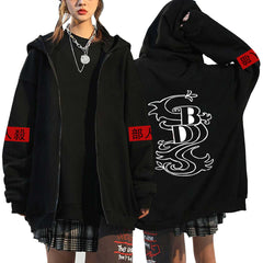 Unisex Anime Letter Print Zip Up Black Hoodie