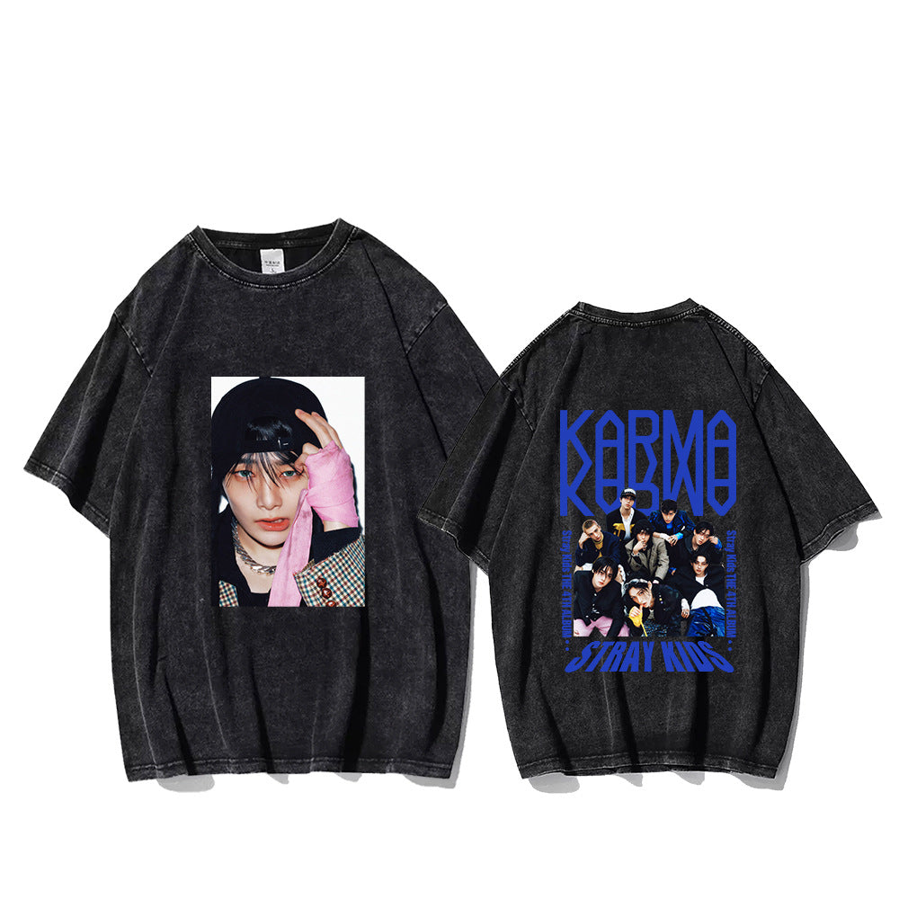 KPOP KARMA Character LOGO Printed Washed T-shirt