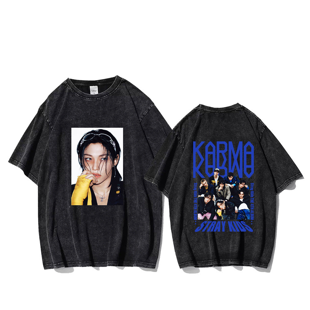 KPOP KARMA Character LOGO Printed Washed T-shirt