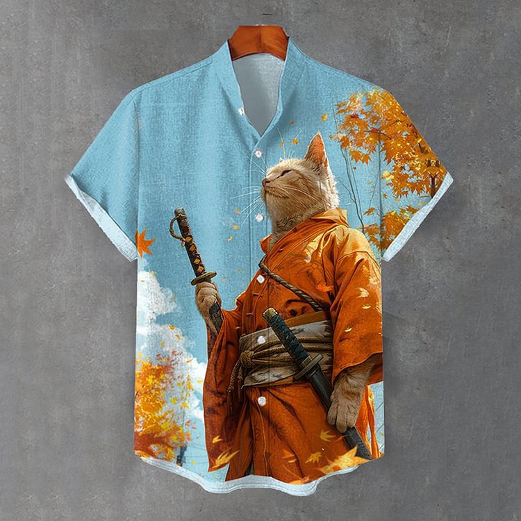 Men's Cat Digital Print Stand-up Collar Shirt
