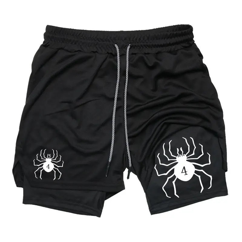 Casual Spider Print Double-layer Sports Fitness Shorts