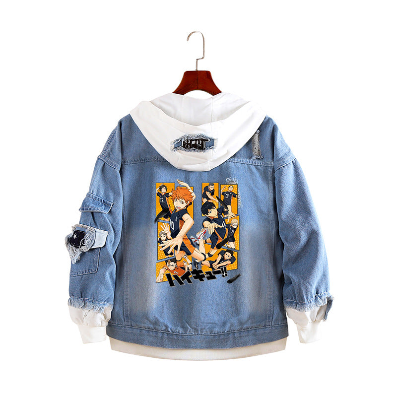 Unisex Volleyball Graphic Print Loose Denim Coat