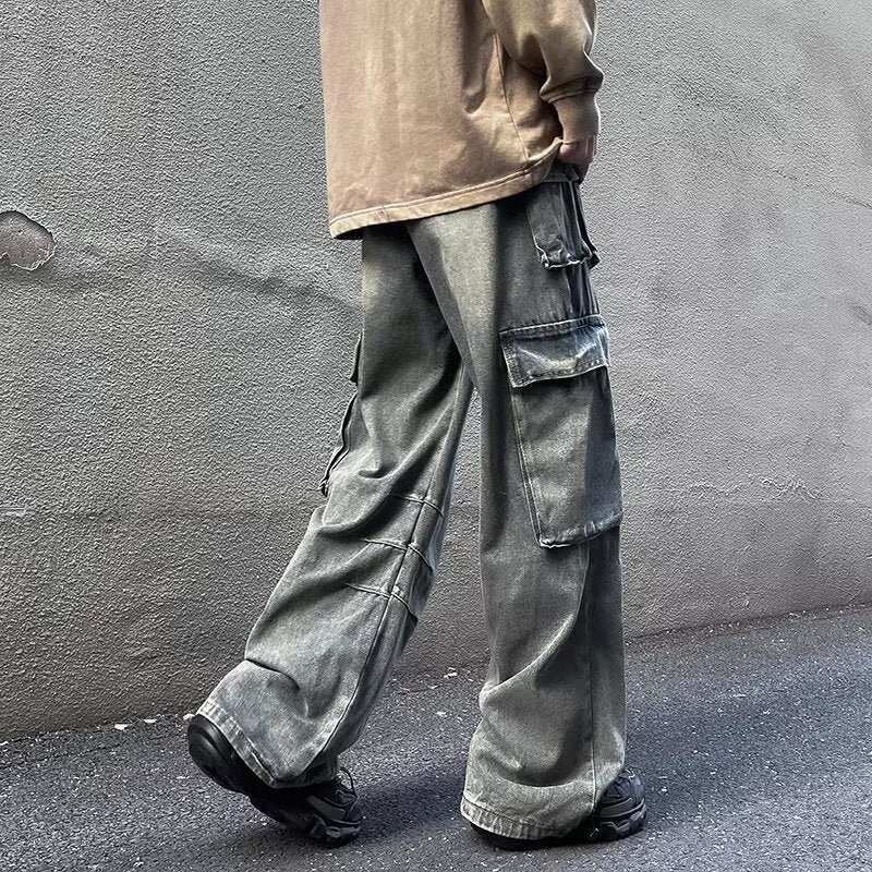 Trendy Washed Jeans Multi-pocket Straight Pants
