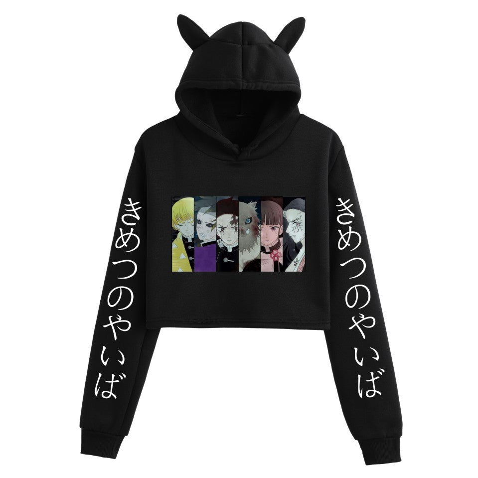 Girls Sexy Anime Print Cat Ears Cropped Hoodie