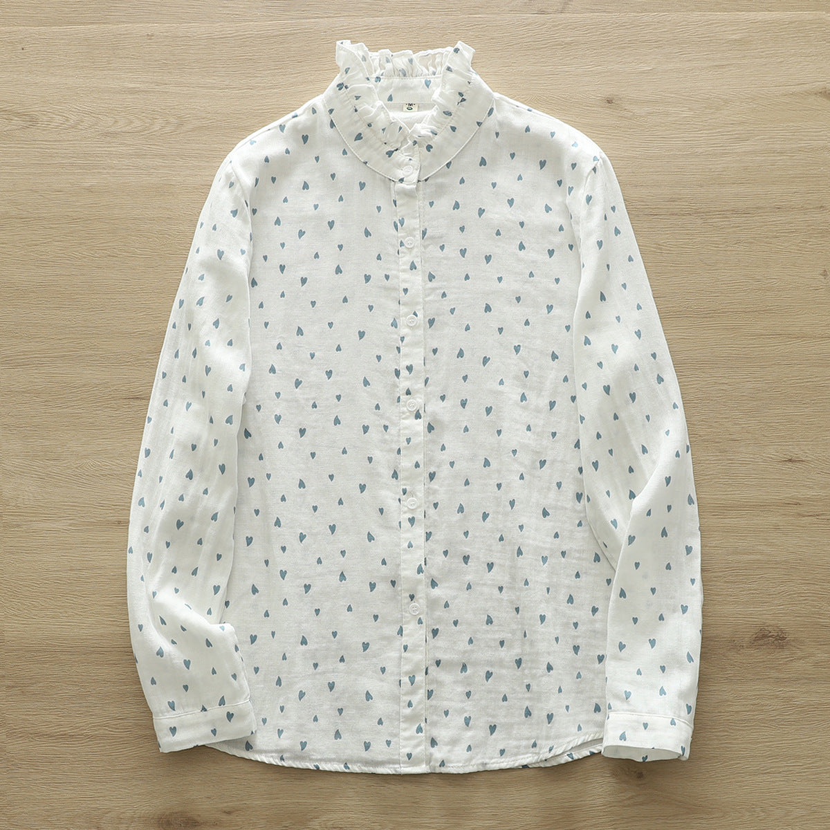 Korean Style Standing Collar Printed Cotton Shirt