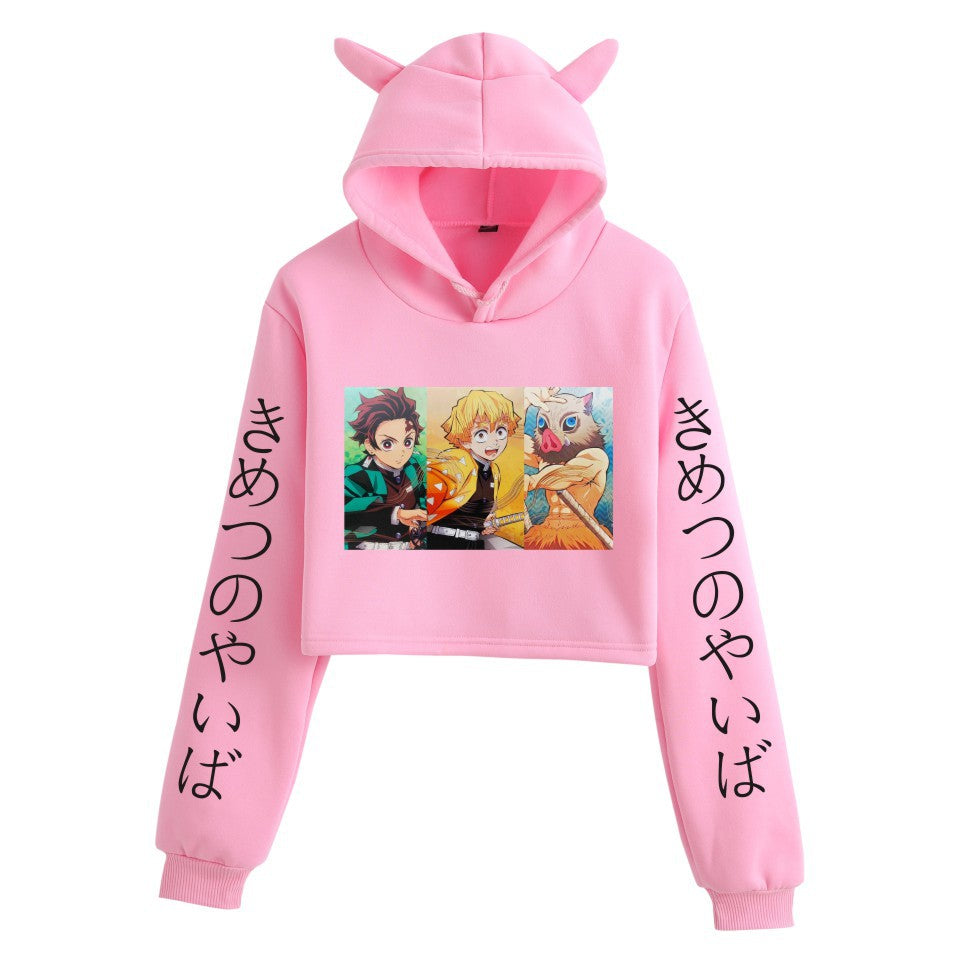 Girls Sexy Anime Print Cat Ears Cropped Hoodie