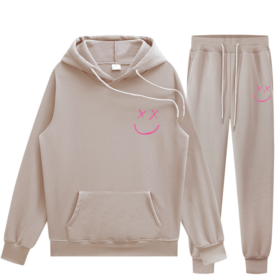 Unisex Smiley Face Print Pullover Hoodie Trendy Sweatpants Set