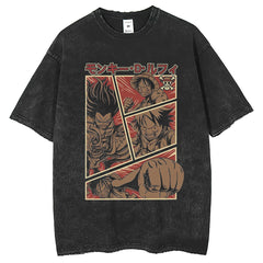 Retro Style Unisex Washed Anime Print T-shirt