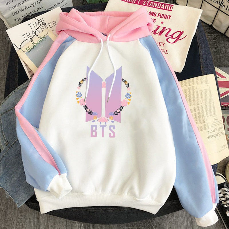 Cartoon Kpop Letter Print Color Block Hoodie