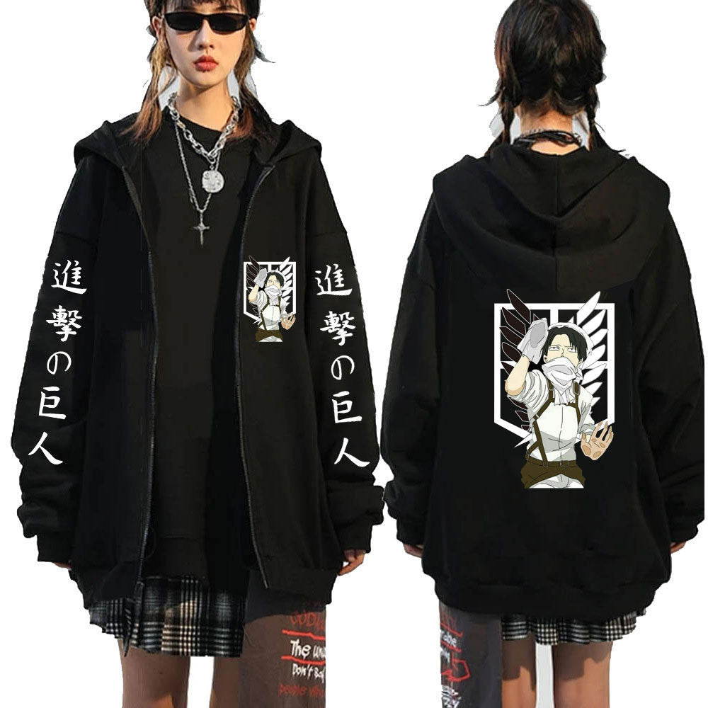 Unisex Anime Print Casual Black Zipper Hoodie