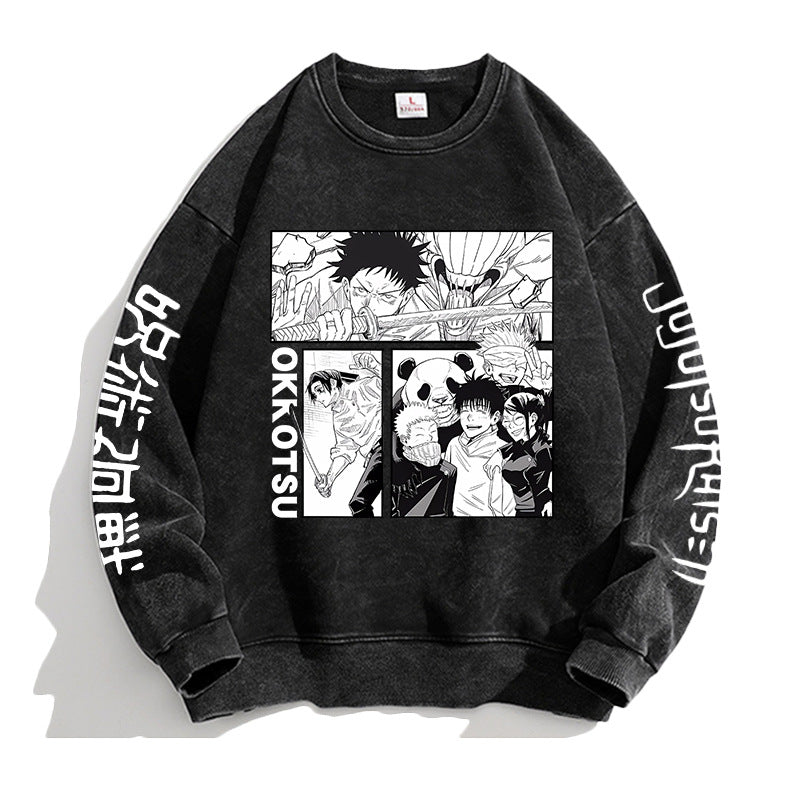 Vintage Washed Round Neck Anime Printed Sweatshirt