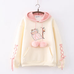 Japanese Style Cartoon Bear Print Lace Up Thickened Hoodie