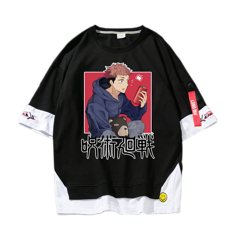 Unisex Anime Fake Two Short-sleeved Casual T-shirt