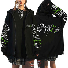 Chic Girls Kpop Letter Printed Loose Zip Up Hoodie