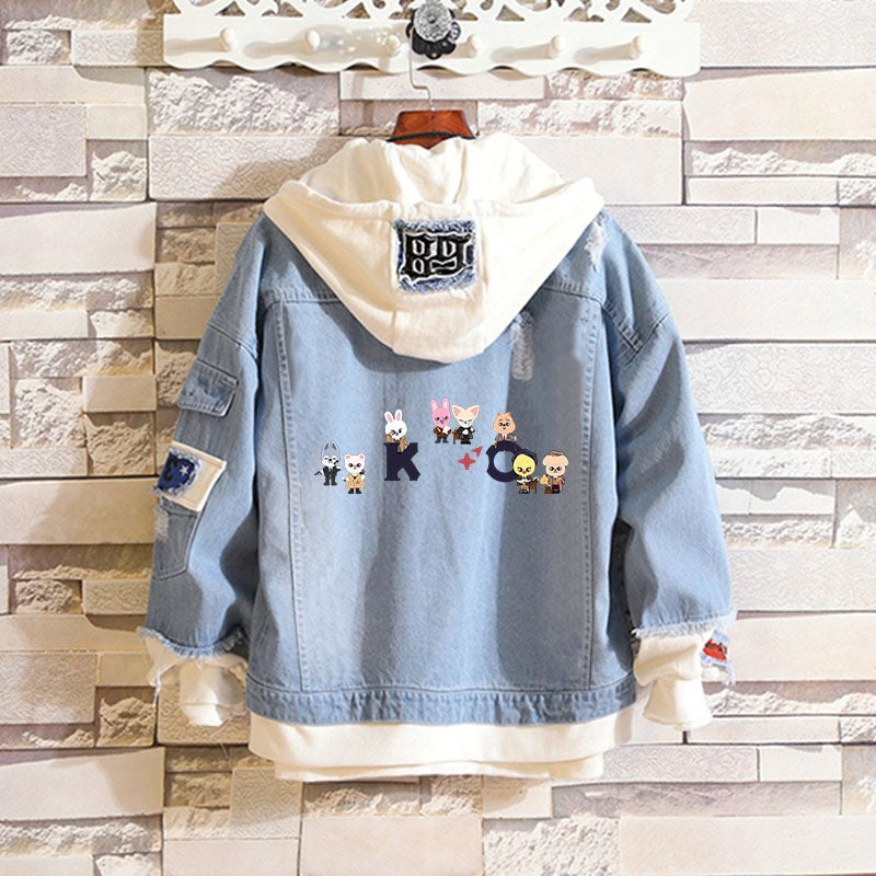 Versatile SKZ Pattern Hooded Loose Denim Jacket
