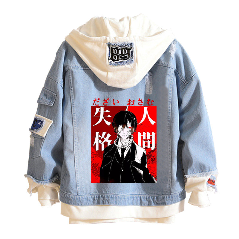 Casual Anime Print Hooded Denim Jacket