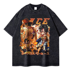 Unisex Anime Graphic Washed Black T-shirt