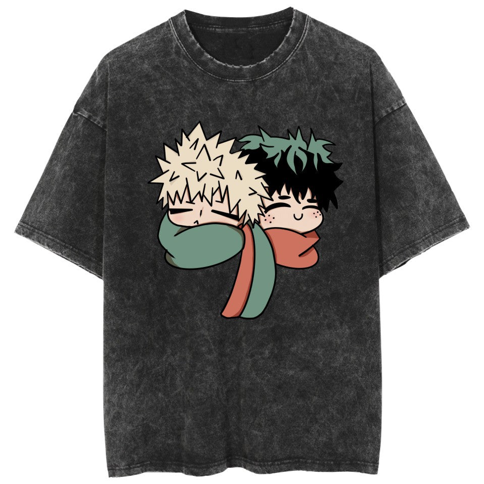 Casual Anime Deku Dabi Pattern Washed T-shirt