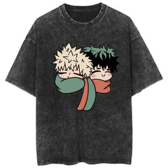 Casual Anime Deku Dabi Pattern Washed T-shirt