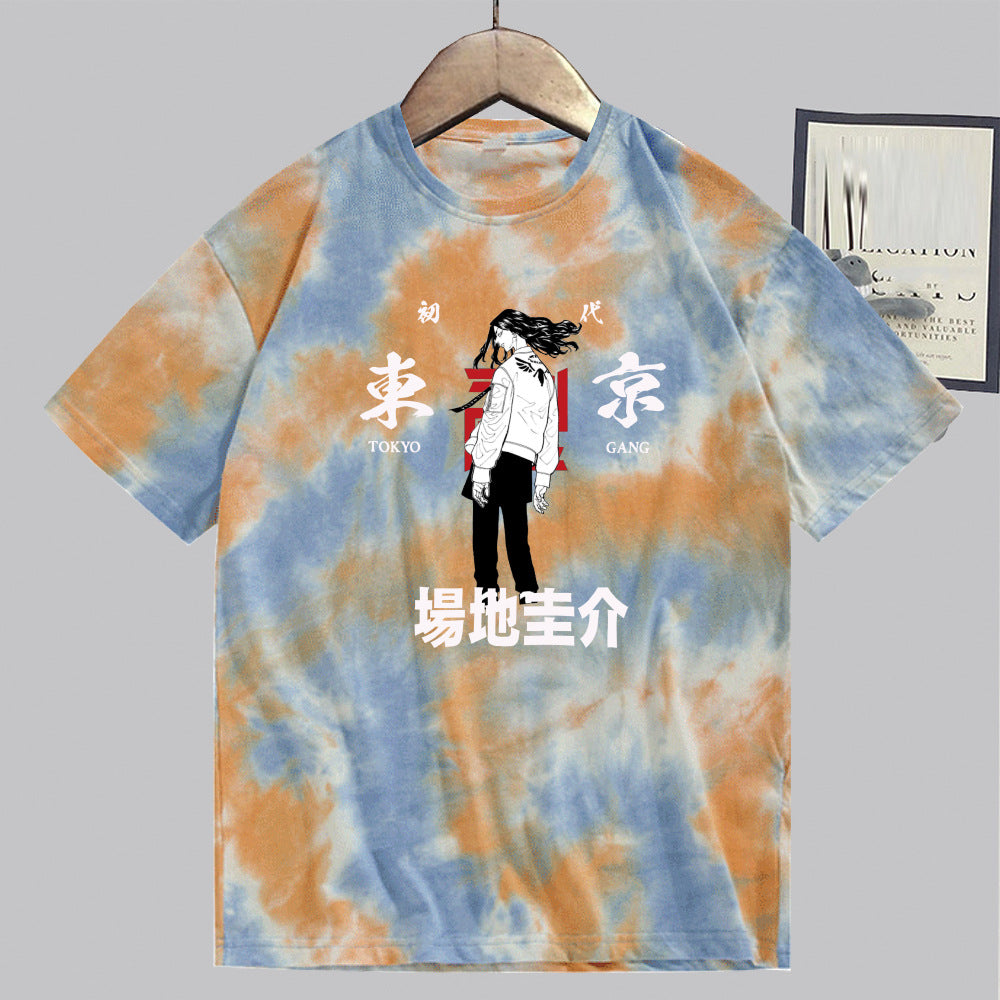 Unisex Casual Anime Tie-dye Loose Short-sleeved T-shirt