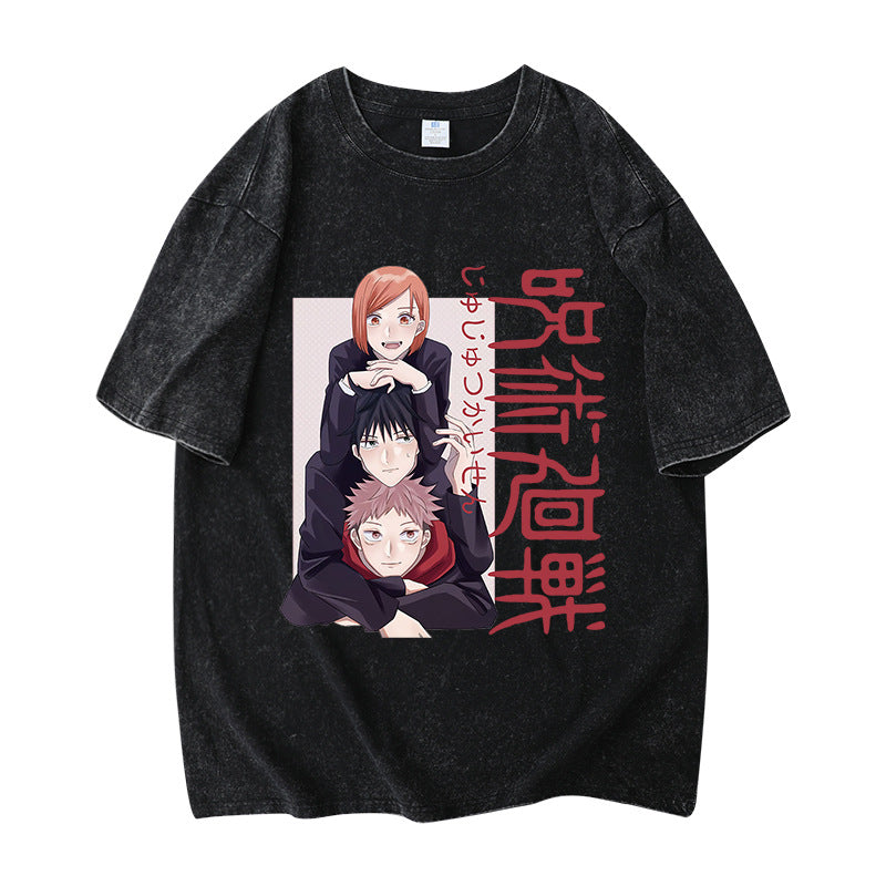 Unisex Anime Washed Short-sleeved Cotton T-shirt