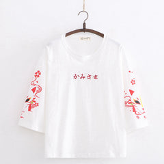 Japanese Letter Embroidery Cartoon Fox Three-quarter Sleeve T-shirt