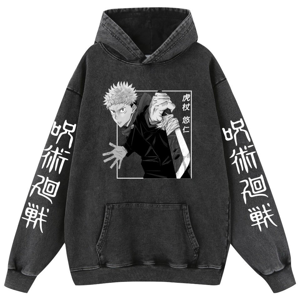 Unisex Retro Washed Anime Pattern Loose Hoodie