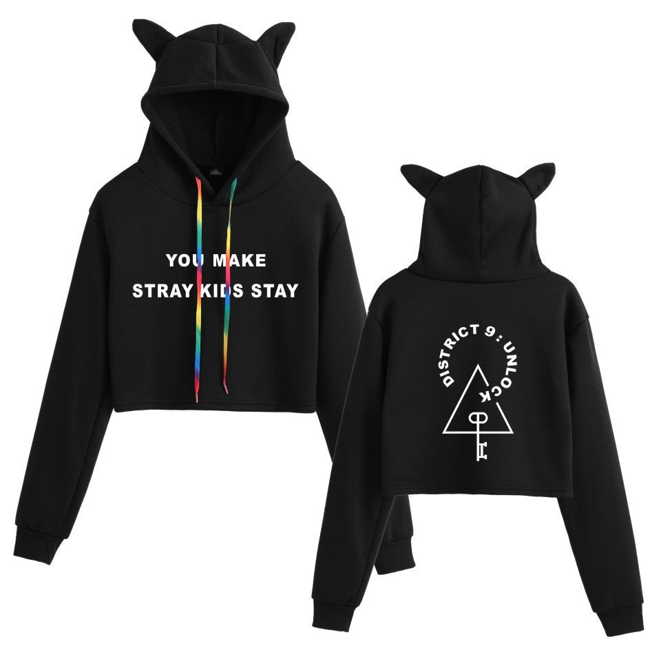 Cute Girls Kpop Cat Ears Cropped Hoodie