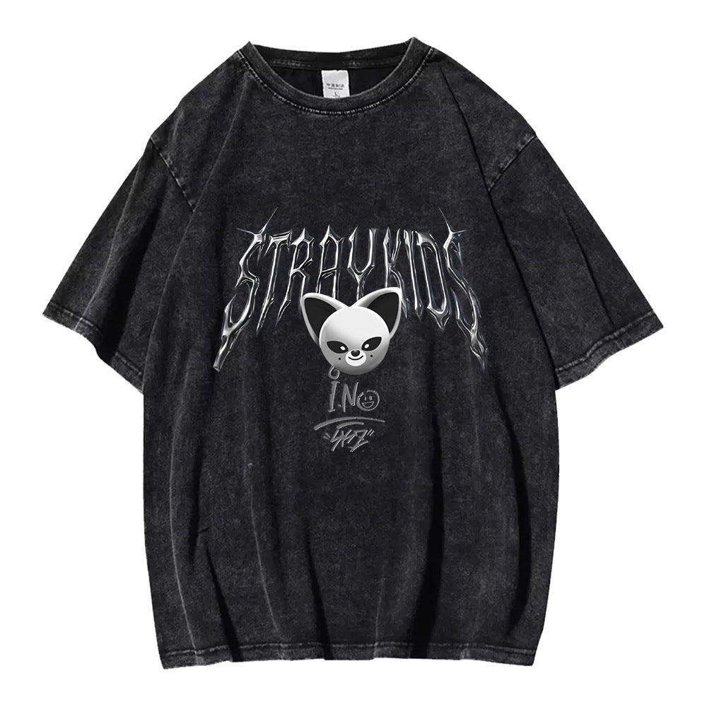 Evil KPOP Cartoon Skz Print Washed T-shirt