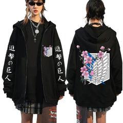 Unisex Anime Print Casual Black Zipper Hoodie