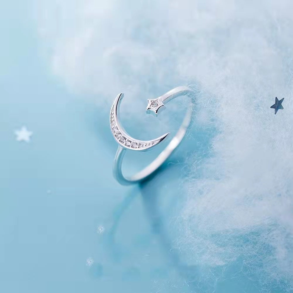 Silver Star Moon Open Ring