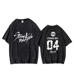 SKZ RUN IT Number Printed Washed T-shirt