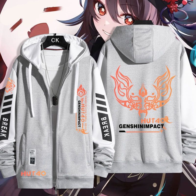 Unisex Casual Hutao Game Hooded Zip Up Coat