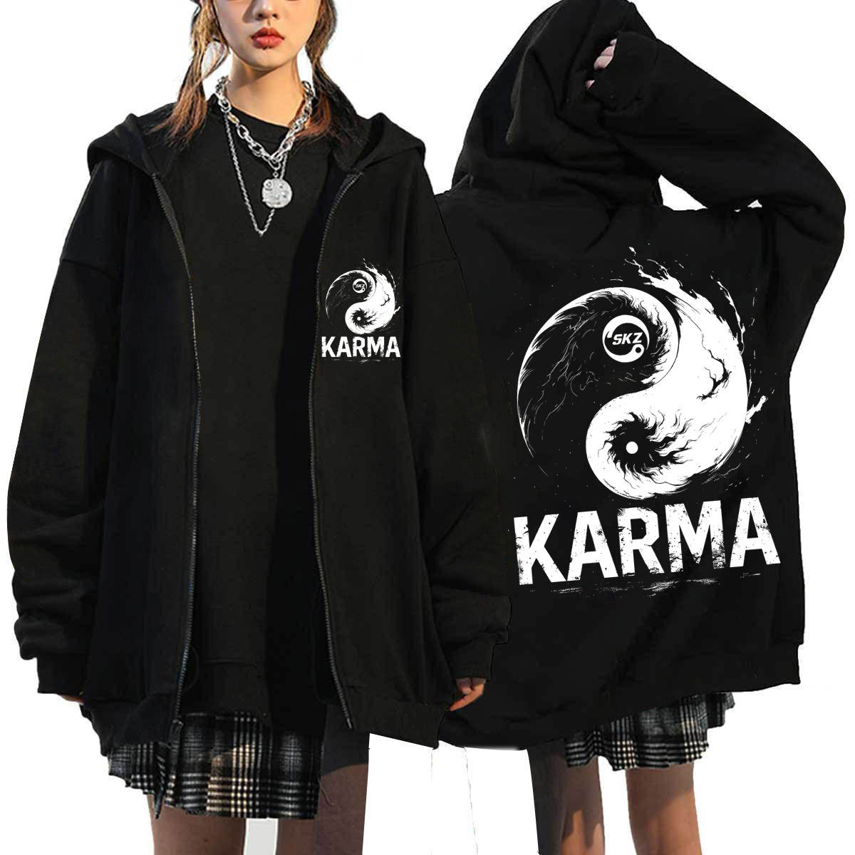 Kpop Karma Printed Hooded Zipper Thin Coat