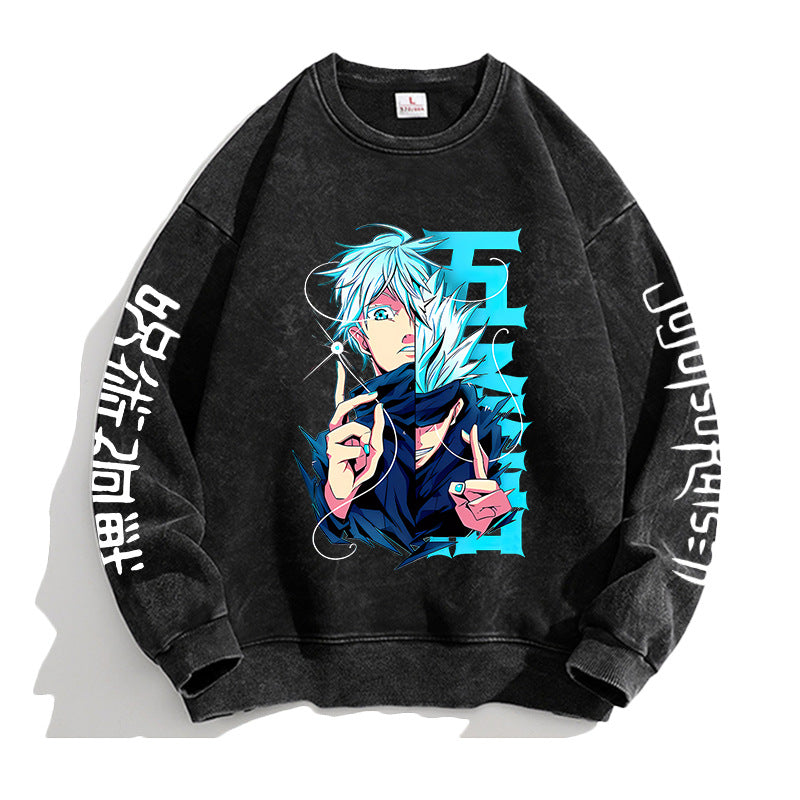 Vintage Washed Round Neck Anime Printed Sweatshirt