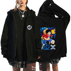 Versatile Anime Printed Zipper Black Hoodie