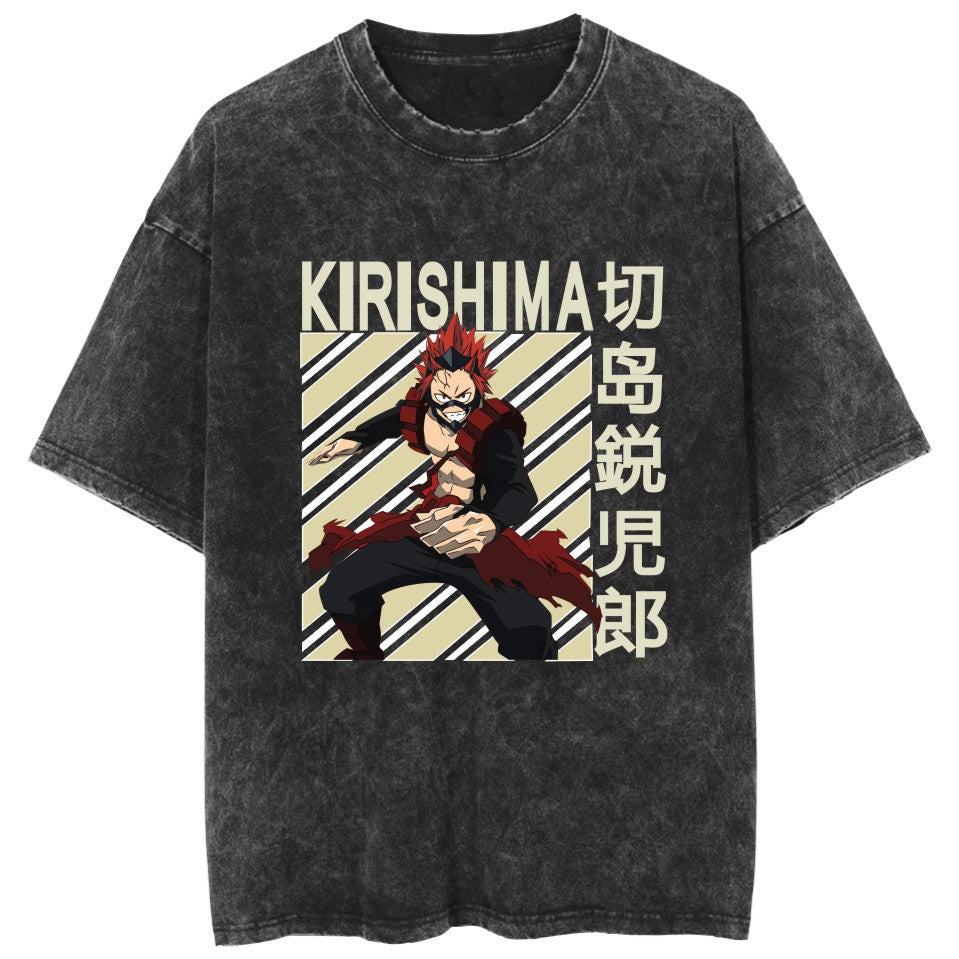 Trendy Anime Pattern Crew Neck Washed T-Shirt