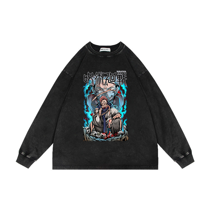 Retro Washed Anime Crew Neck Sweatshirt