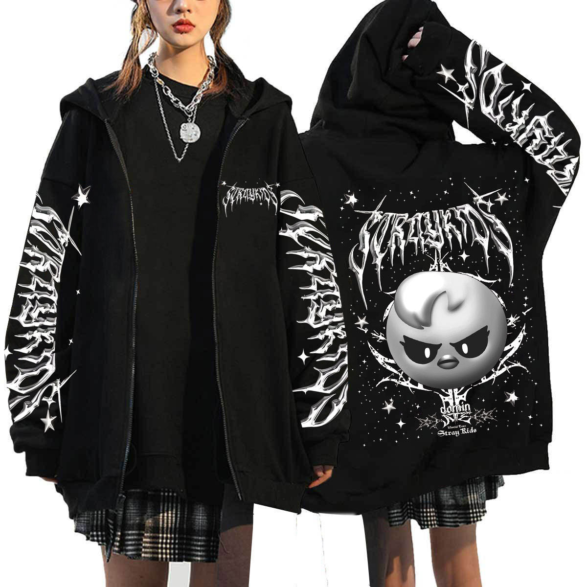 Evil SKZ Animal Characters Print Zip Up Black Hoodie