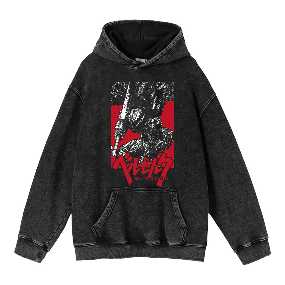 Retro Anime Washed Black Loose Hoodie