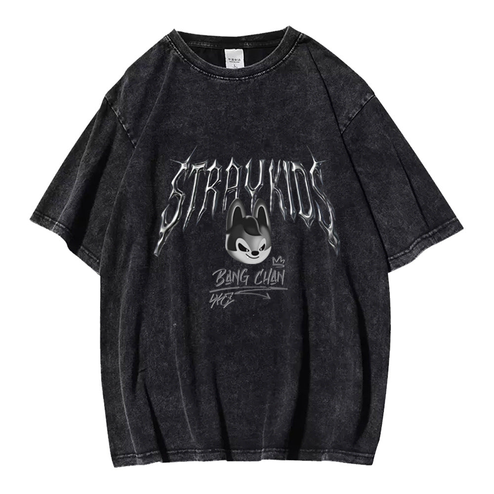 Evil KPOP Cartoon Skz Print Washed T-shirt