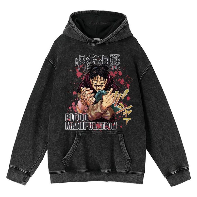 Unisex Vintage Washed Anime Printed Loose Hoodie