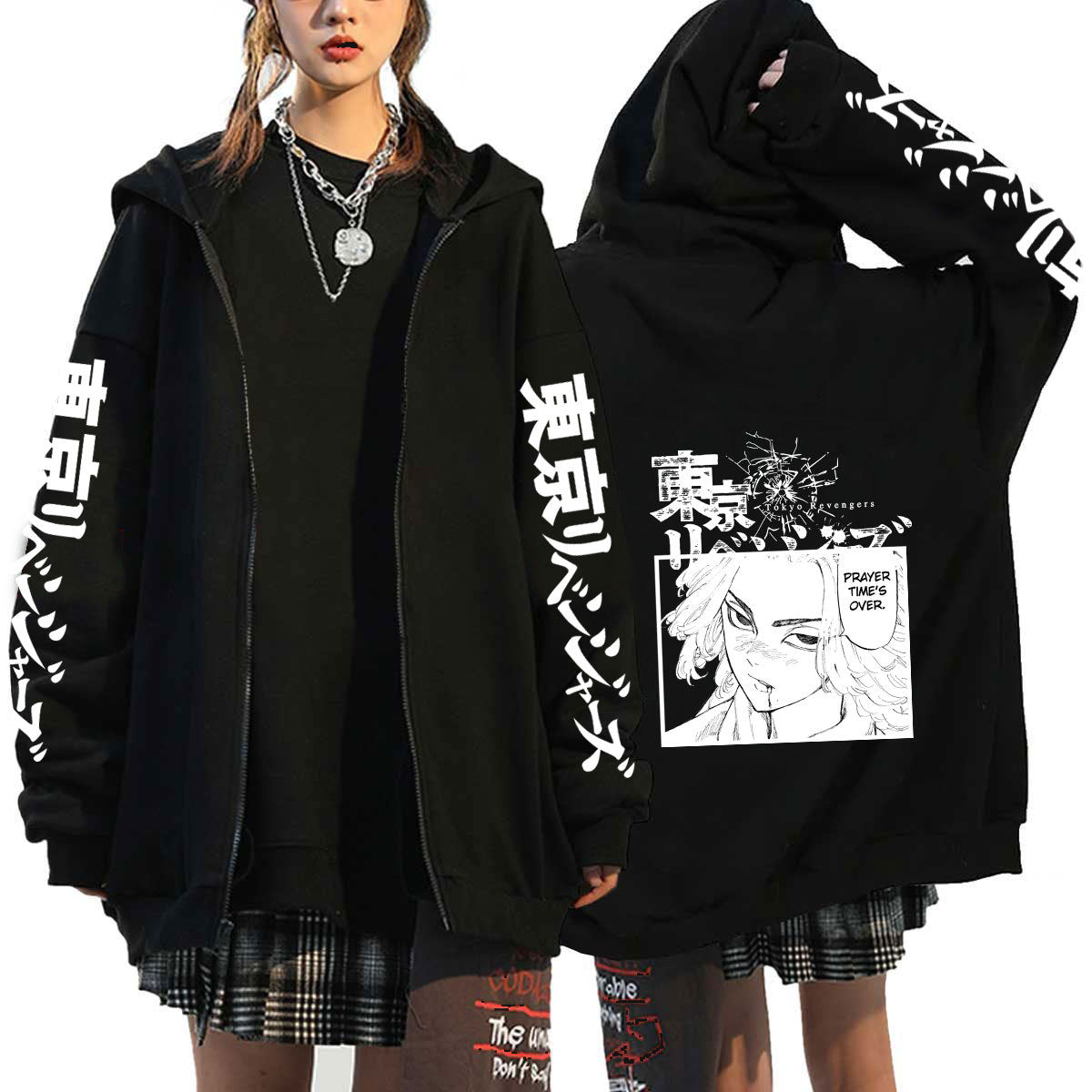 Unisex Casual Anime Print Zip Up Black Hoodie